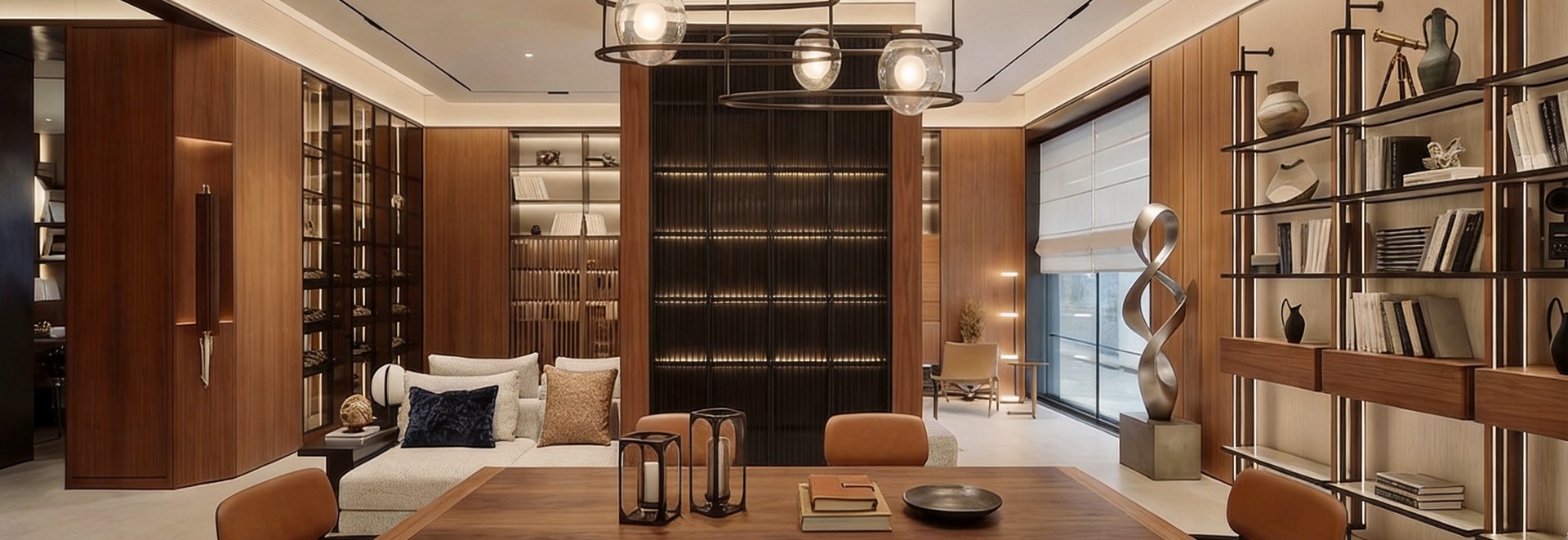 Modern open-plan living room featuring a custom modular wall unit with integrated library shelving, wood veneer panels, and warm recessed LED accent lighting.