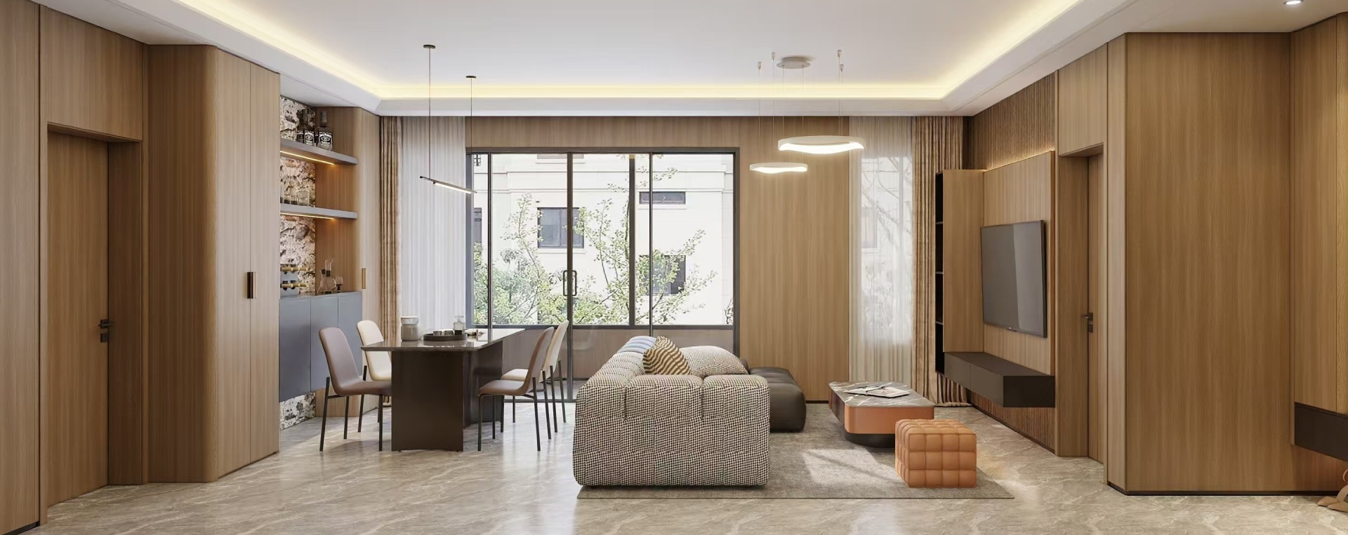 Modern open-concept living and dining area featuring seamless modular wood wall paneling, integrated storage cabinets, and a minimalist TV console.