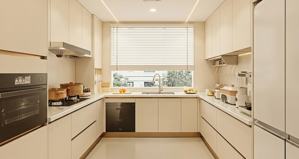 Luxury full house solution featuring a modern U-shape kitchen with quartz counter top, where the cabinetry, wall panels, and door are the same color for a perfectly integrated and seamless appearance.