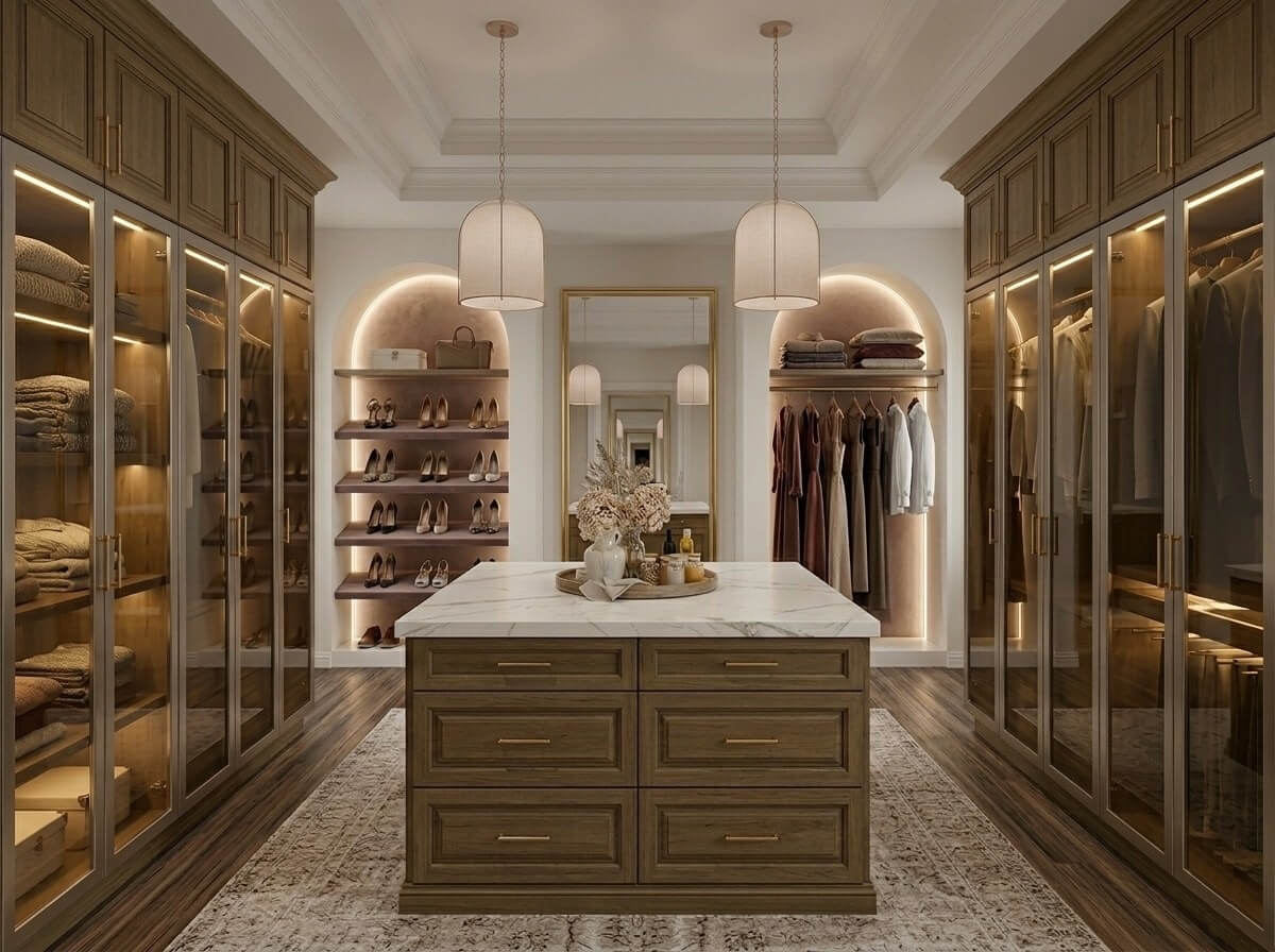 Luxury custom walk-in closet system with rich wood cabinetry, integrated lighting, glass display doors, and a central marble-top storage island.