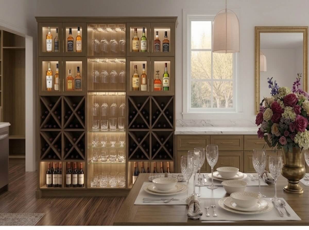 Elegant built-in dining room storage system combining glass-front crockery display, specialized wine bottle racks, and matching lower cabinets.