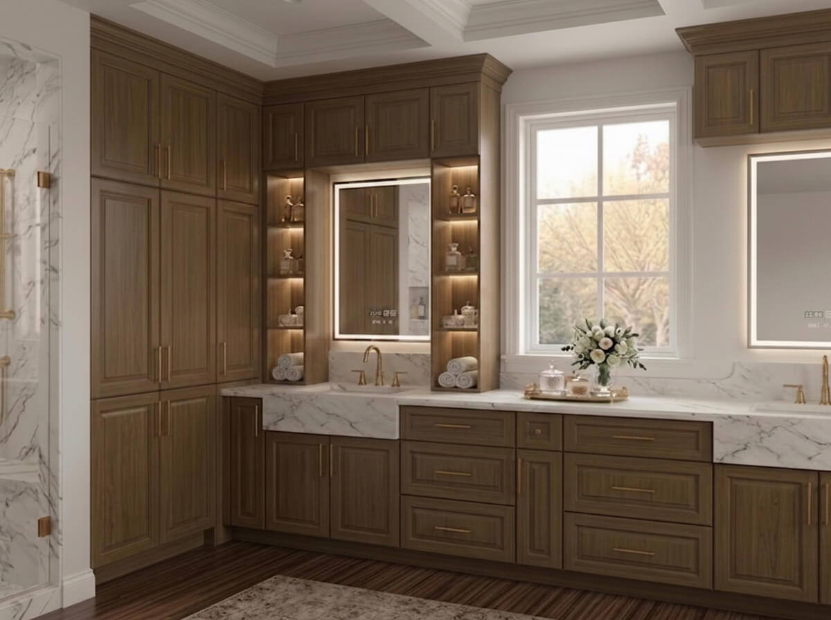 Sophisticated modular bathroom vanity system with rich wood cabinets, 15mm quartz countertops, and integrated LED-lit mirrors.