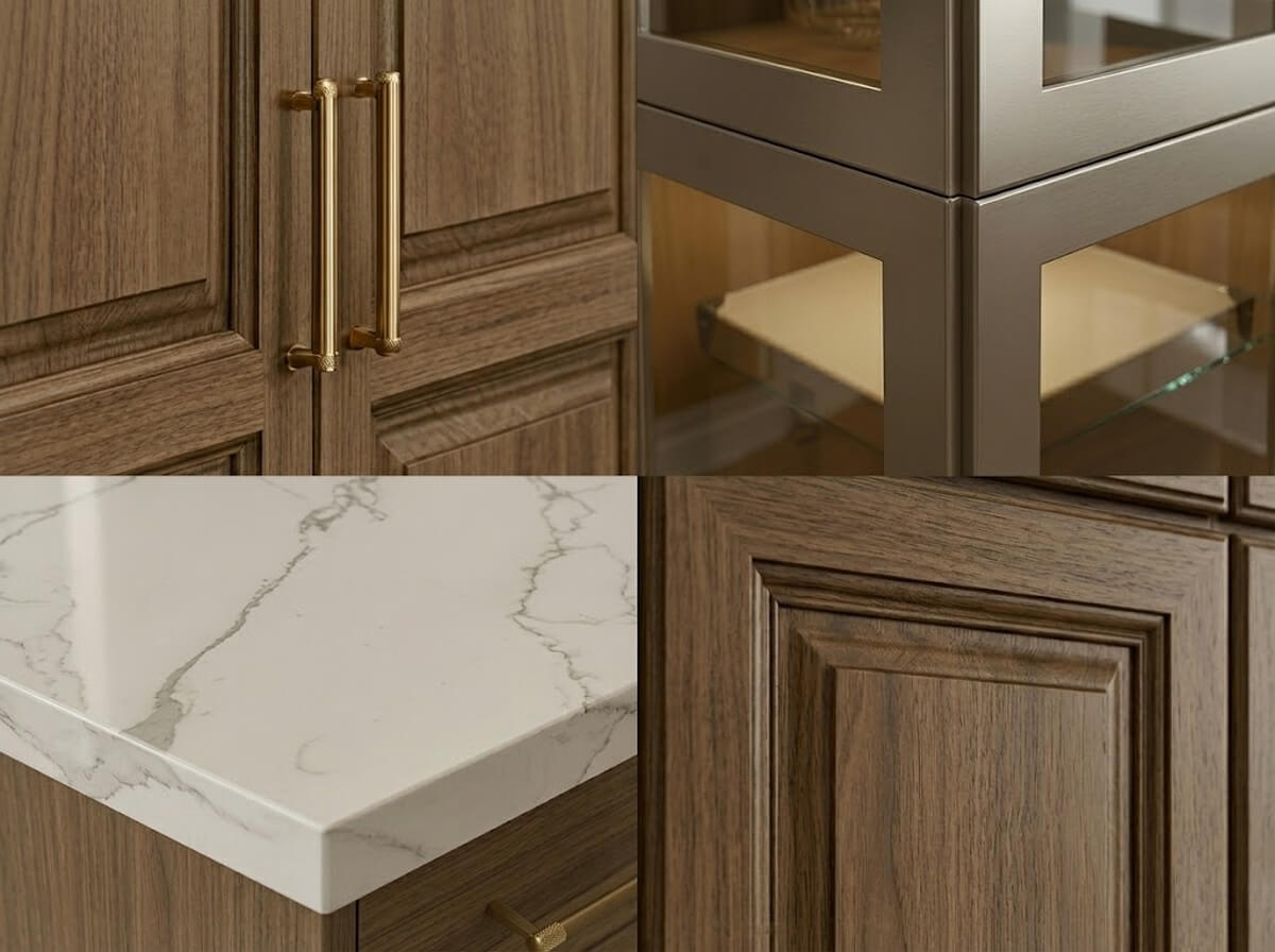 Technical close-up views showing high-quality cabinetry construction: gold hardware handles, glass shelf details, and marble countertop textures.