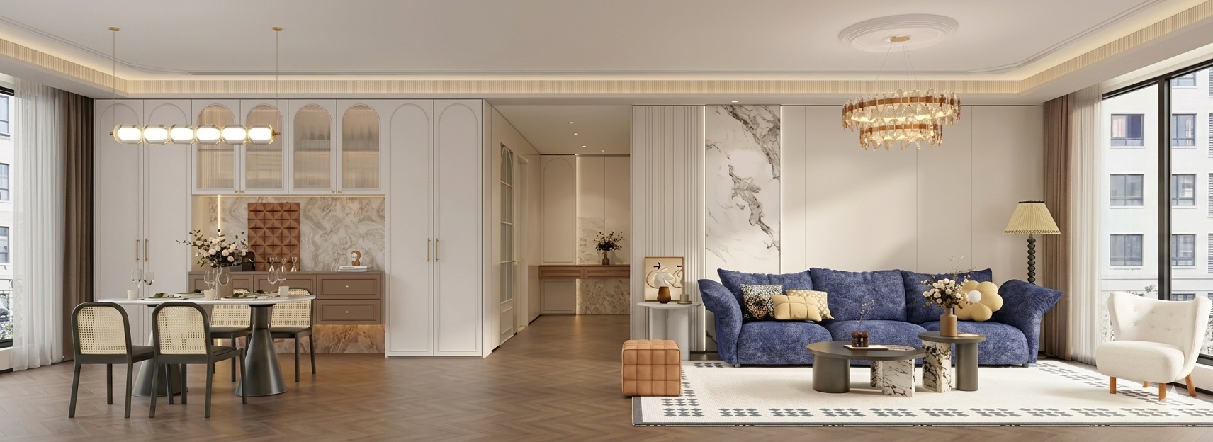 Functional entrance organization unit with a built-in shoe cabinet, coat hanging area, and integrated bench seating in a light wood finish.