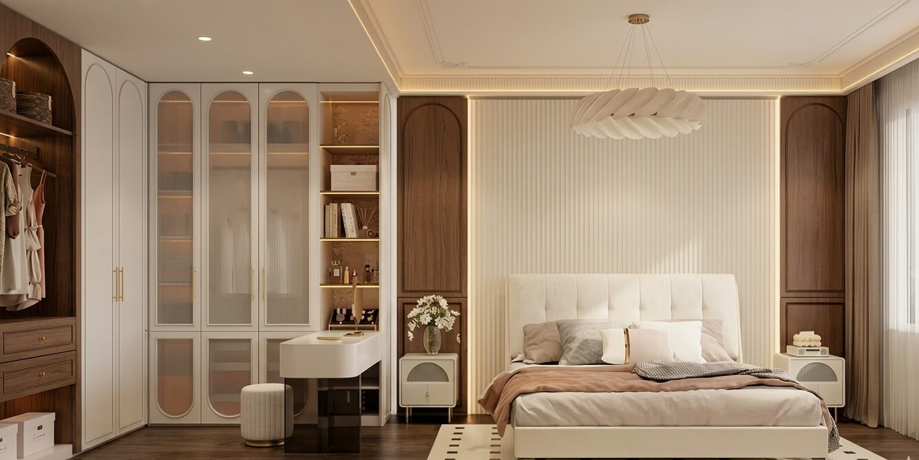 Master bedroom featuring high-end fitted wardrobes with integrated LED lighting, decorative fluted wall panels, and a seamless minimalist closet design.
